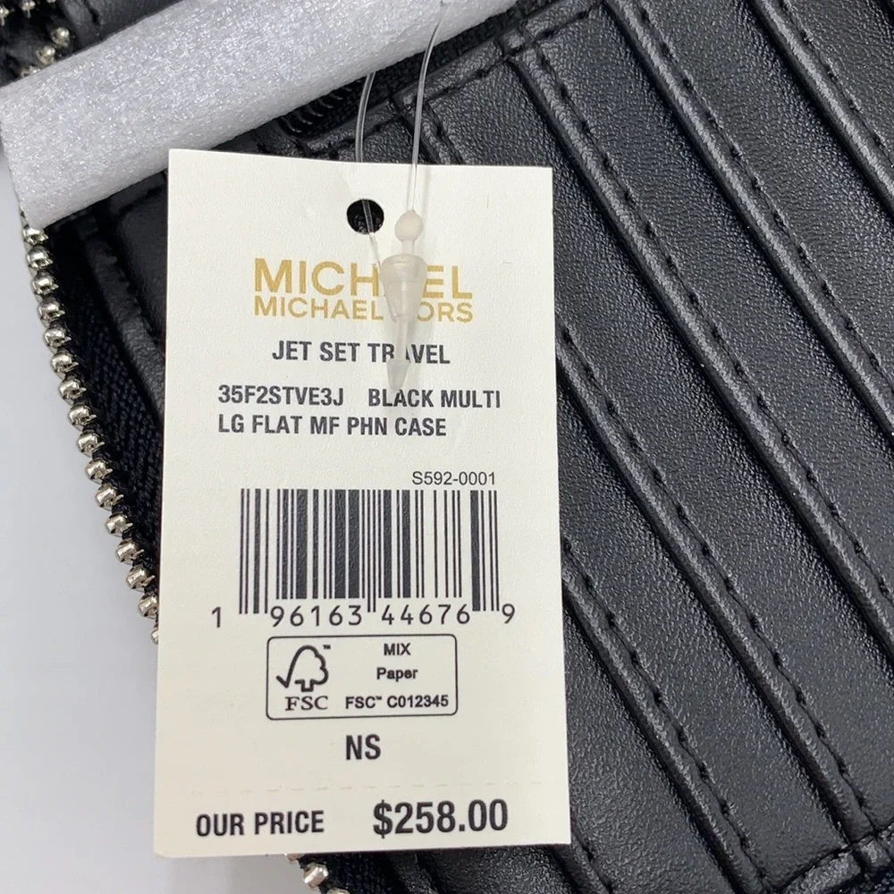 Michael Kors Jet Set Travel Large Phone Case Wristlet Wallet Black Glitter Multi